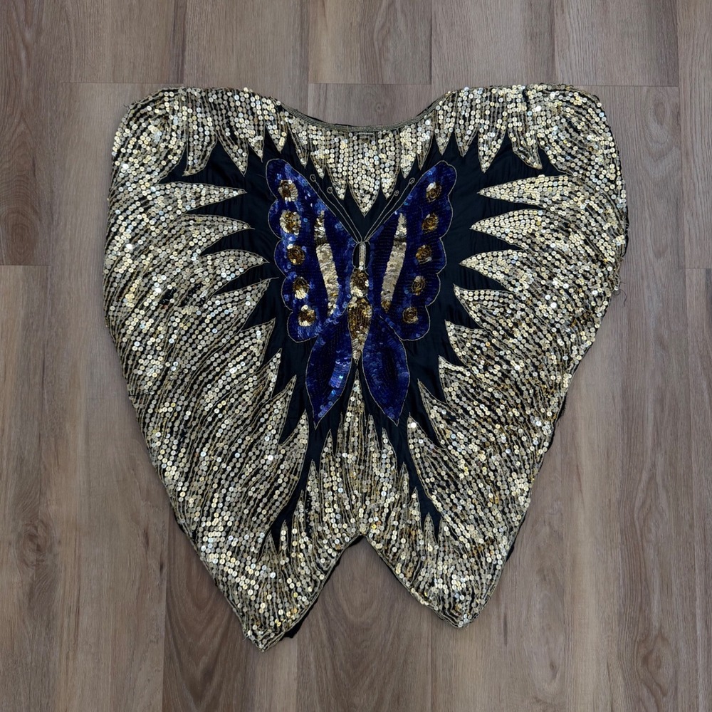 Vintage Silk Butterfly Sequin Beaded Batwing Top India One Size Boho glam - Picture 3 of 9